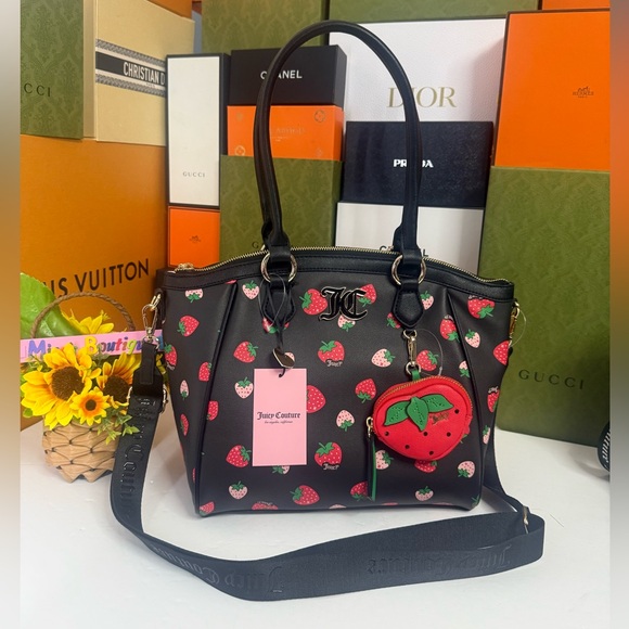 🆕🌷JUICY COUTURE🌷Black and Red Satchel with Strawberry Charm - Picture 3 of 16